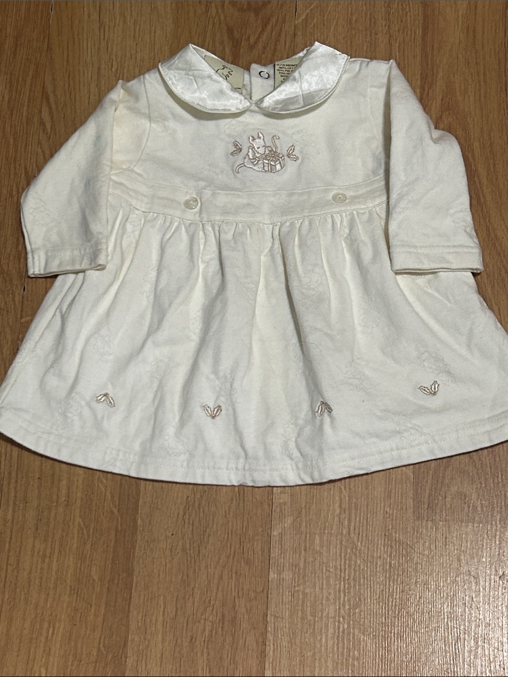 Cream Long-Sleeve Embroidered Baby Dress Size 0-3 Months
